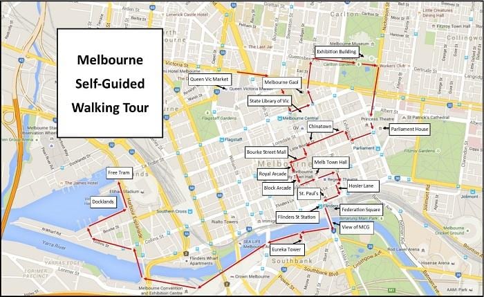 Mapa de passeios a pé por Melbourne
