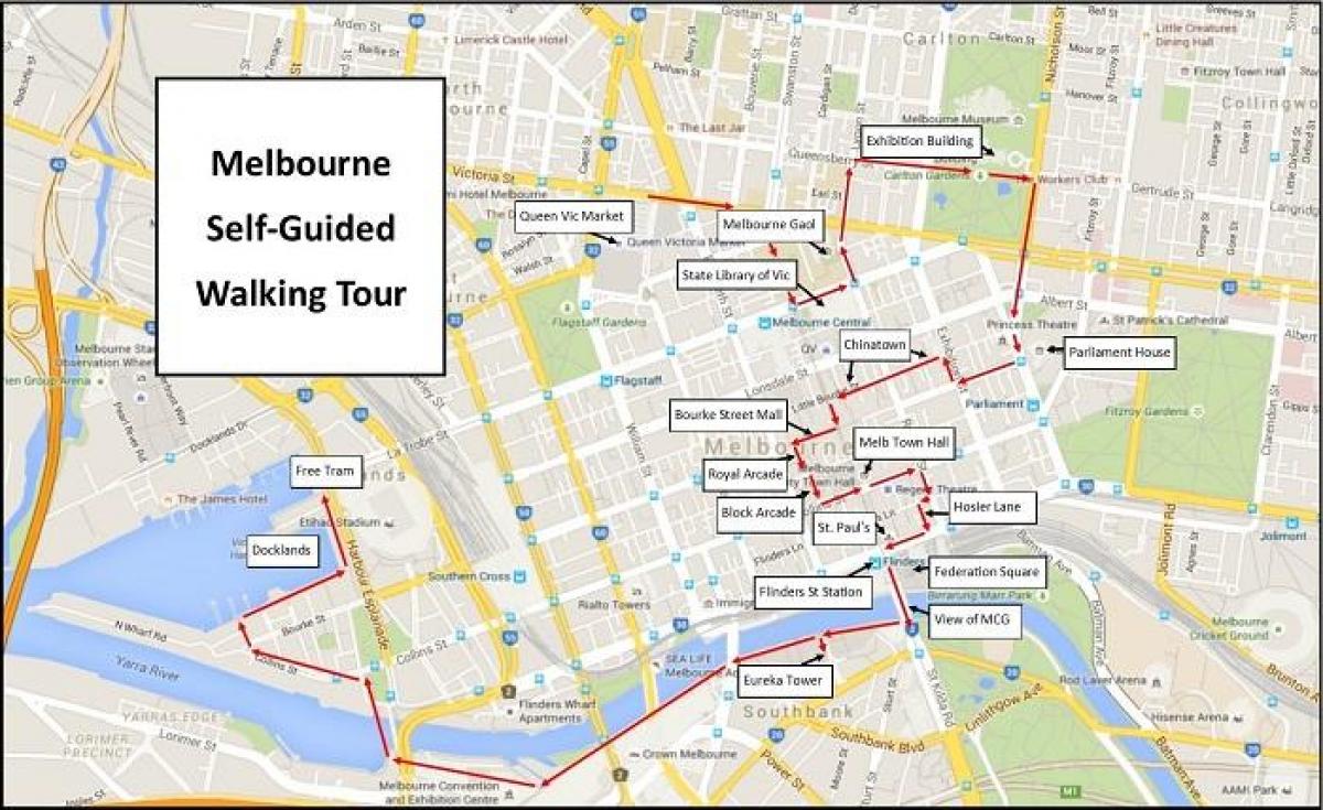 Mapa de passeios a pé por Melbourne