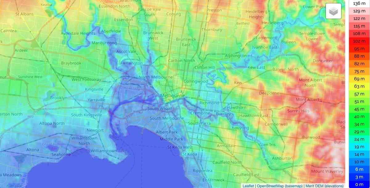 Mapa de elevação de Melbourne