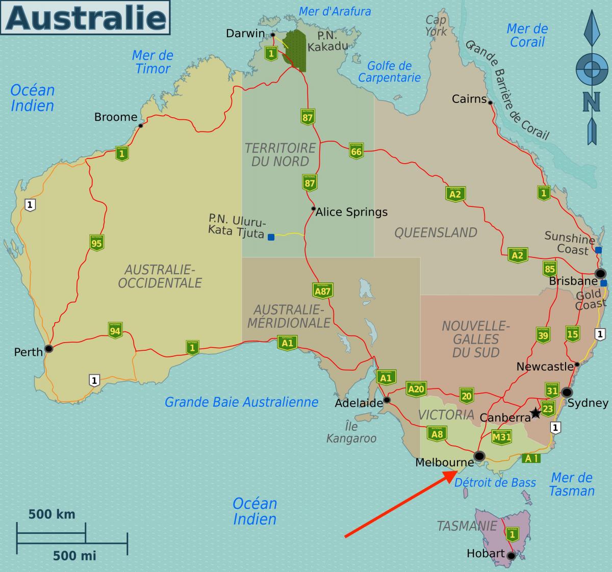 Melbourne no mapa de Victoria - Austrália